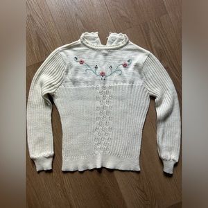 Vintage Cream Pointelle Knit Sweater w/ flowers